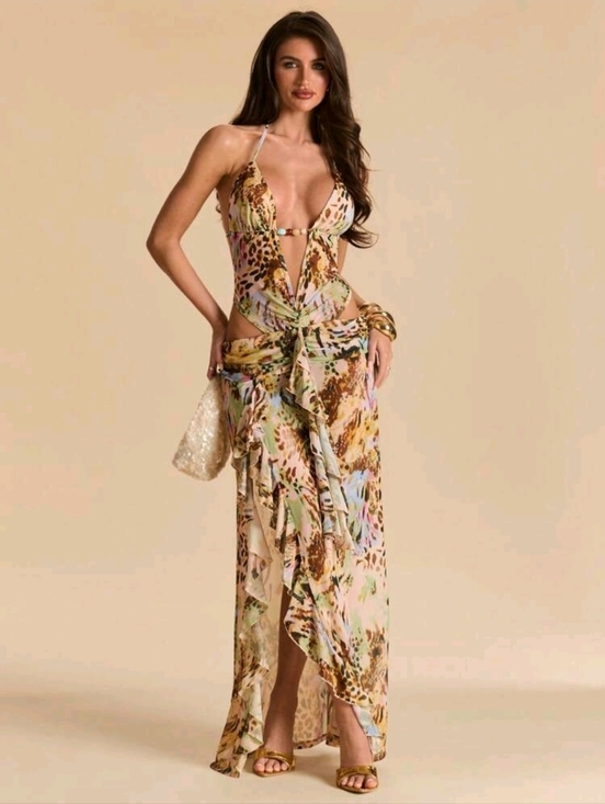 SHEIN Dresses & Skirts - BAE Cut Out Leopard Floral Print Slit Sexy Beaded Fitted Elegant Dress